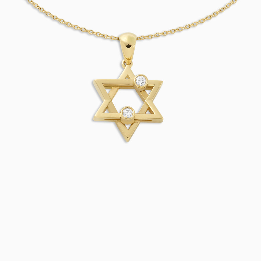 an iconic symbol, primarily used to represent the Jewish faith, also known as the Star of David or Magen David. Our Joujou Star embraces two dancing diamonds that represent strength and heroism.  Chain: This pendant comes with an 18kt chain, the length of the chain is 16 inches. 