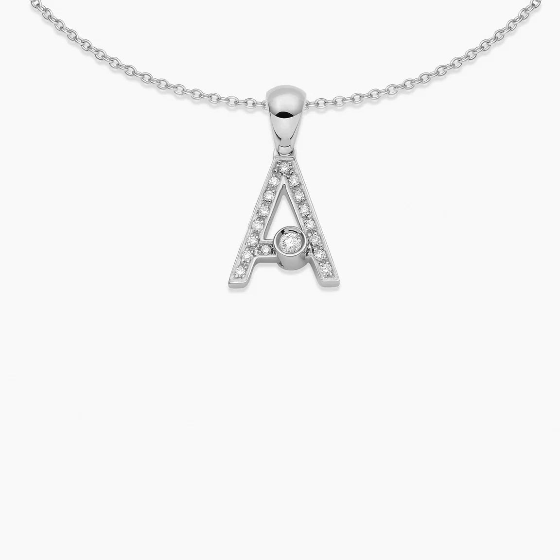 This sleek diamond pave letter pendant has a moving diamond accent that slides from side to side. This pendant comes with an 18kt white gold chain, the length of the chain is 16 inches. Available on FalenaFineJewelry.com or in-store