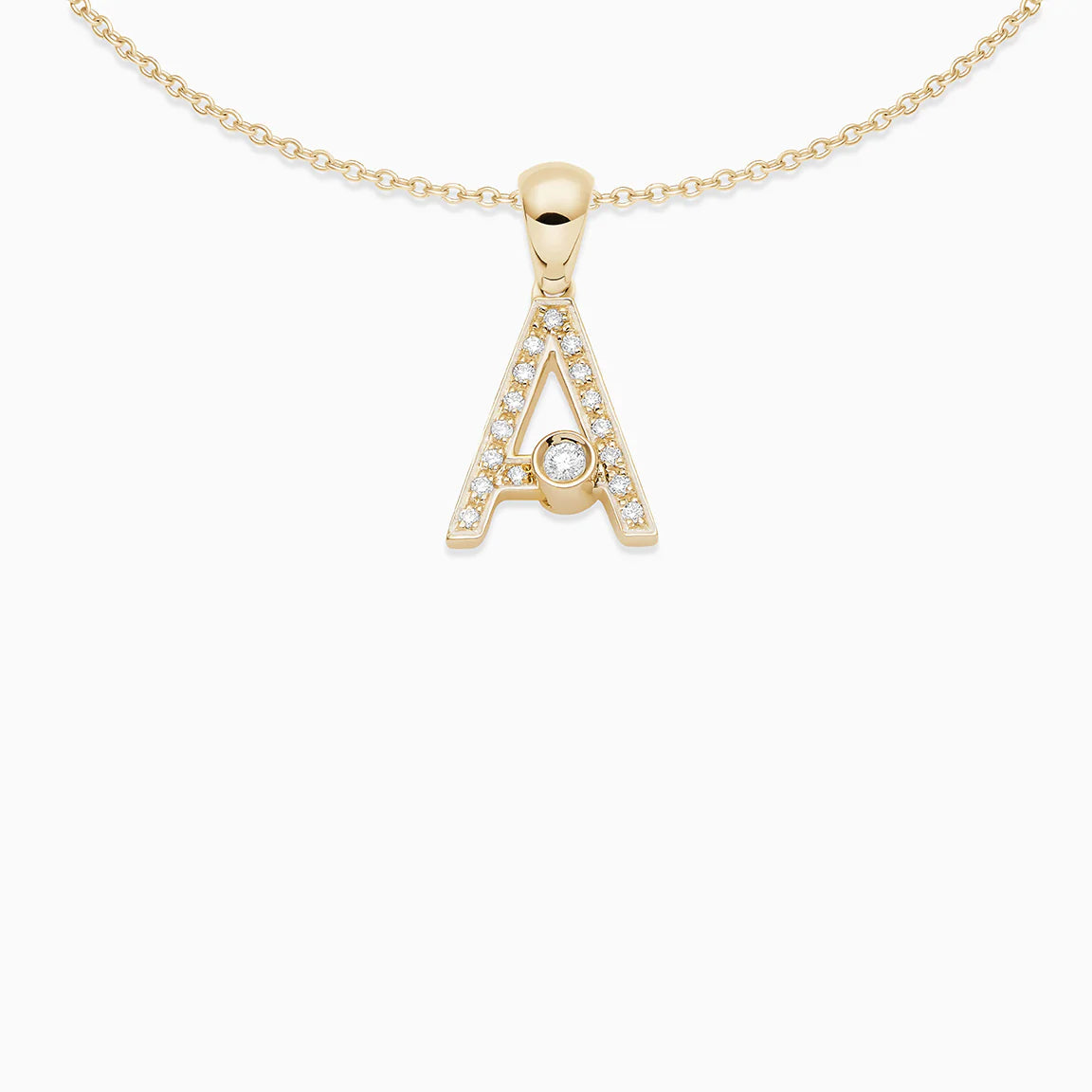 This sleek diamond pave letter pendant has a moving diamond accent that slides from side to side. This pendant comes with an 18kt yellow gold chain, the length of the chain is 16 inches. Available on FalenaFineJewelry.com or in-store