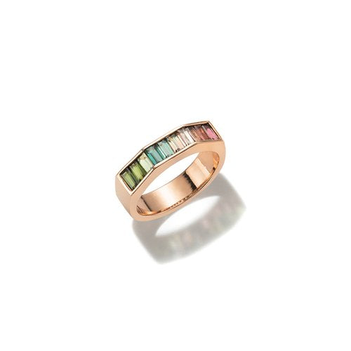 18-karat rose gold pinky ring with rainbow tourmaline baguette cut by Jolly Bijou available on FalenaFineJewelry.com or in-store