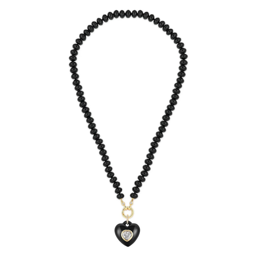 Black Onyx Rondelle Bead Necklace with Heart Gemstone Pendant