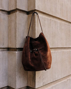 Belted Bucket Bag Large Dark Brown Suede