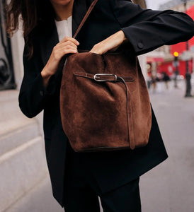 Belted Bucket Bag Large Dark Brown Suede