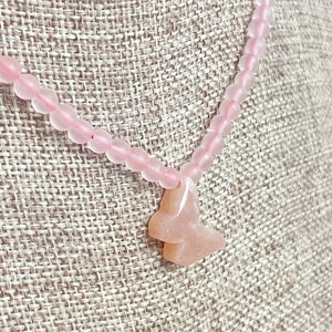 Peach Moonstone and Watermelon Quartz Beaded Butterfly Necklace