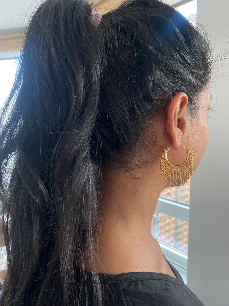 Gold Ball Fringe Hoop Earrings