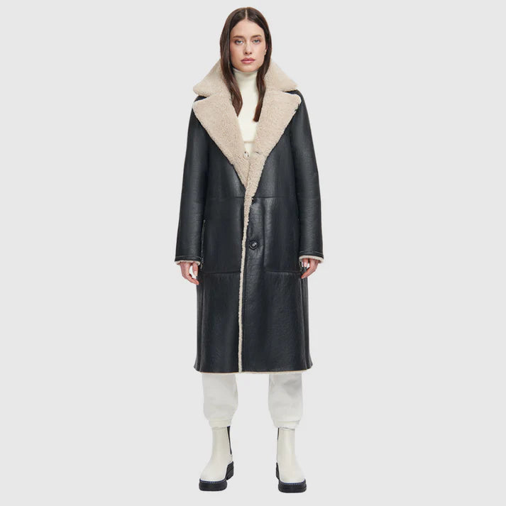 Zira Reversible Shearling Coat in Black Beige